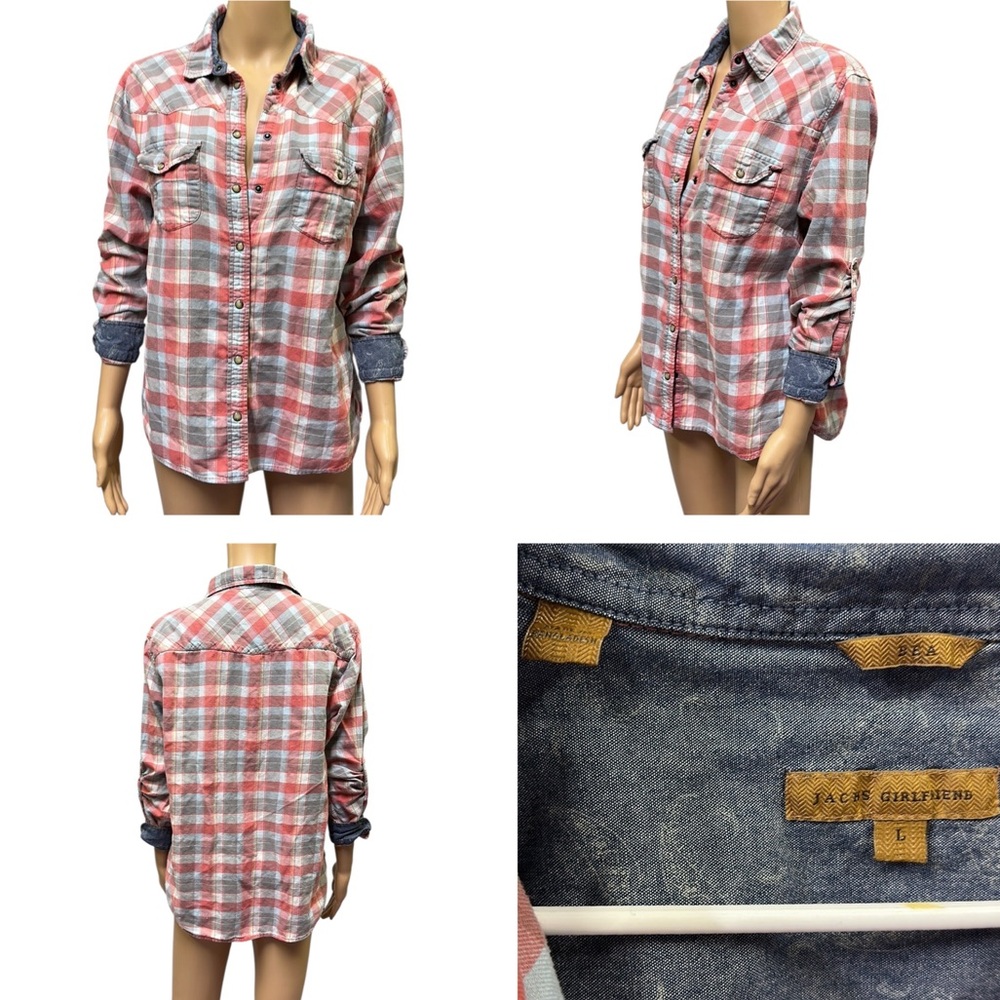 Jachs Girlfriend Bea Cotton Flannel Plaid Snap Up Roll Tab Long Sleeve Shirt L